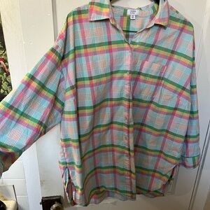 Crown & Ivy Oversized Pastel Plaid Button-Up Shirt - Size 2X - EUC